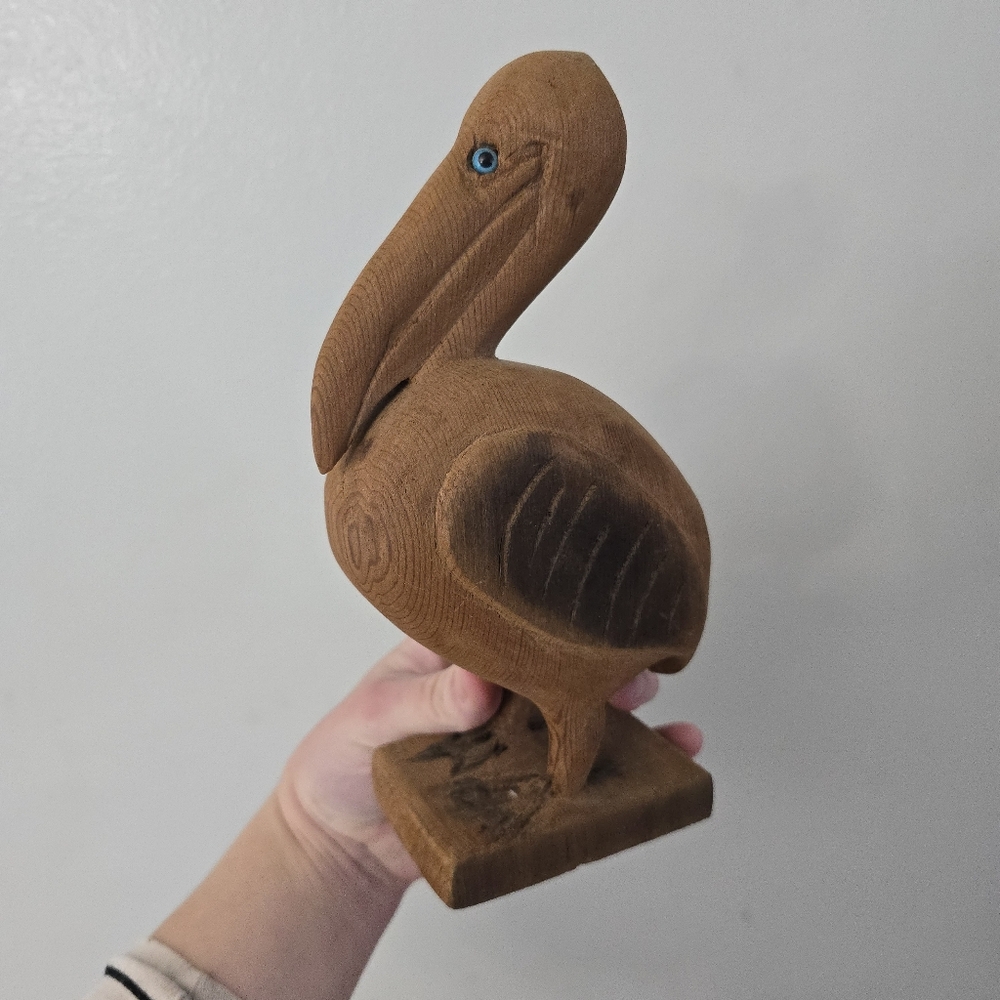 Vintage Hand Carved Wood Pelican Shore Bird Sculpture 8" Folk Art Eyes 1997